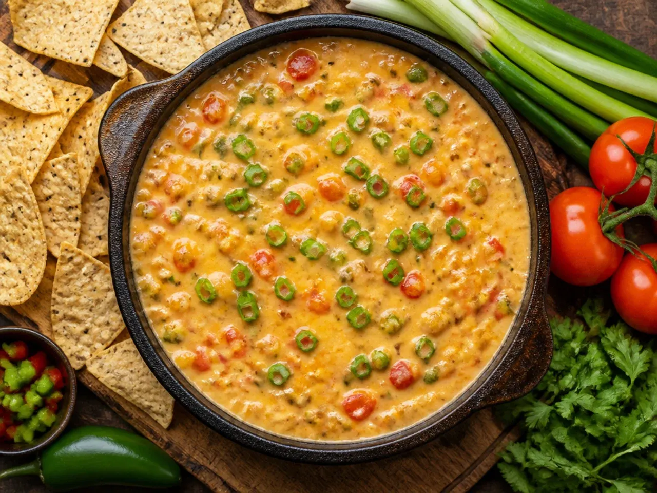 Cubes of Velveeta cheese melting into diced tomatoes and green chillies in a saucepan