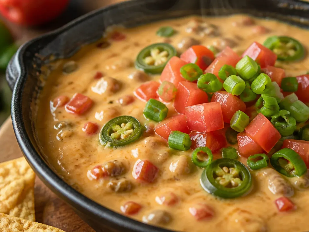 A slow cooker filled with sausage rotel cheese dip, lid tilted to show the melted surface