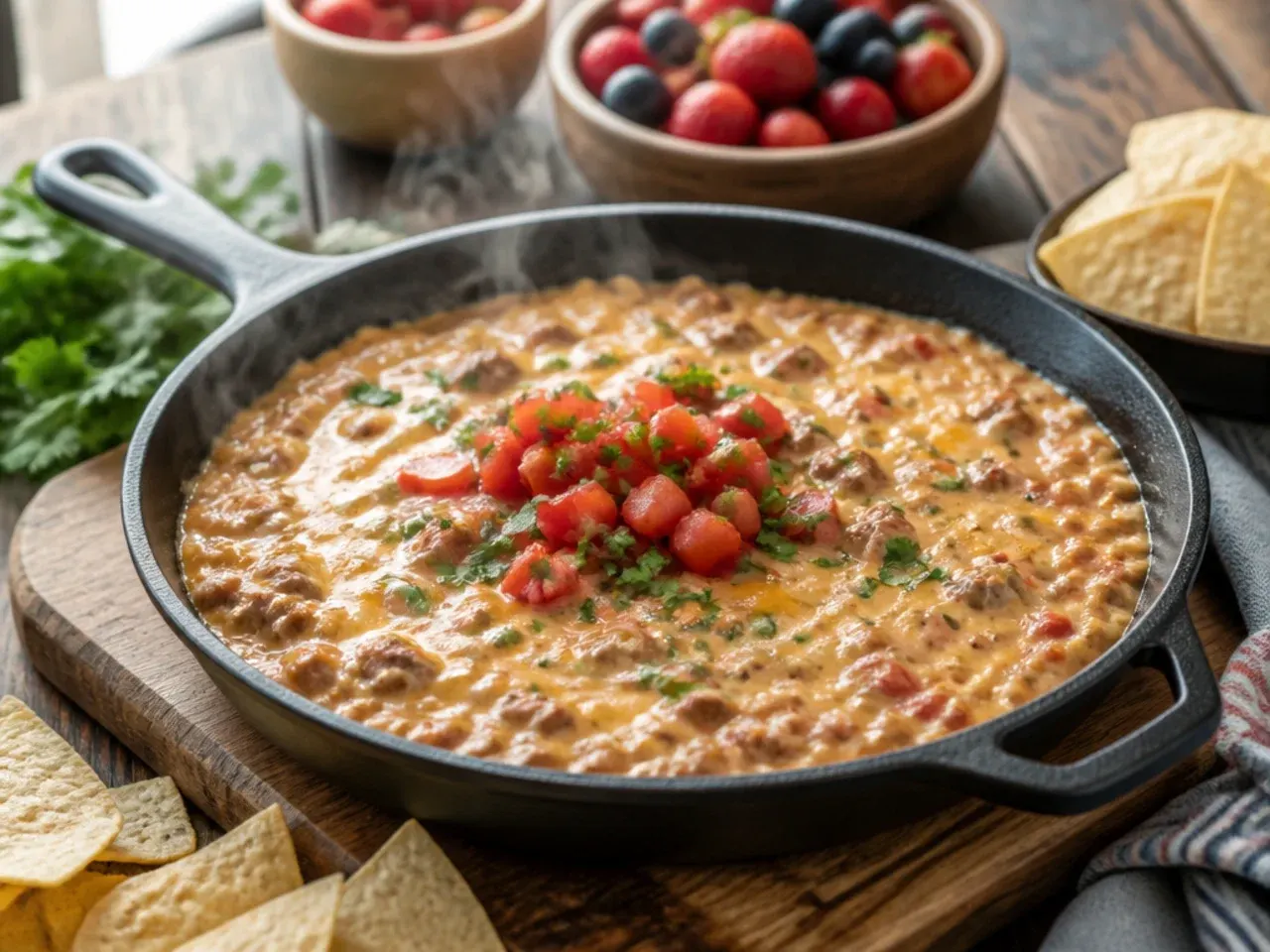 Sausage rotel cheese dip being stirred together in a single skillet on the hob
