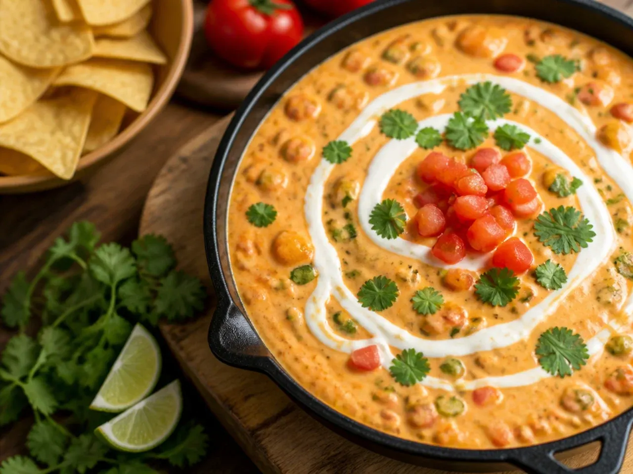 A loaded rotel cheese dip topped with black beans, sweetcorn and sliced jalapeños