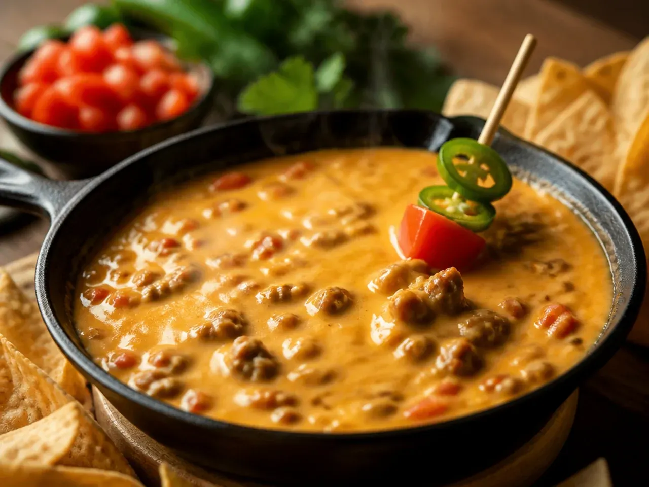 A hearty rotel cheese dip loaded with browned beef and sausage in a serving dish