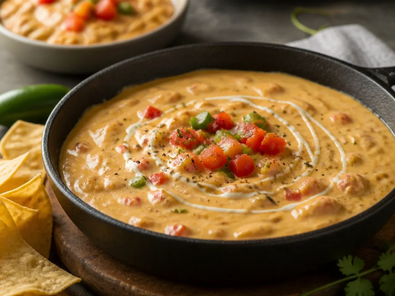 A large slow cooker of rotel cheese dip set out on a buffet table with bowls of tortilla chips