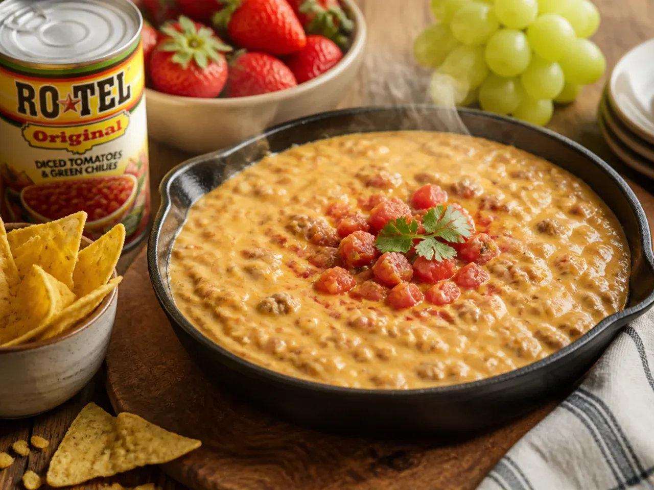 A family-friendly bowl of mild rotel cheese dip with breadsticks and tortilla chips