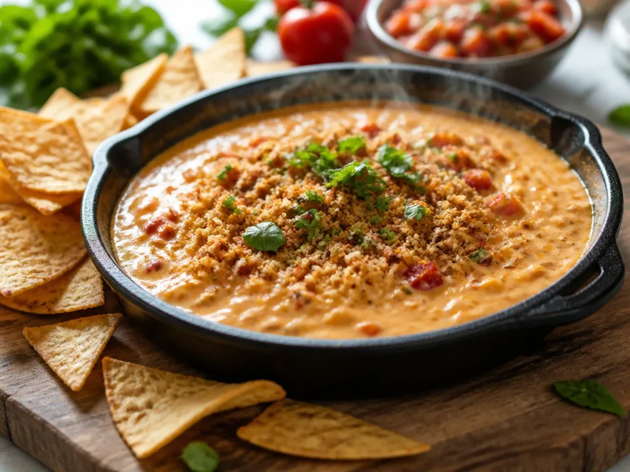 A festive rotel cheese dip topped with diced red and green peppers in a holiday-themed serving bowl