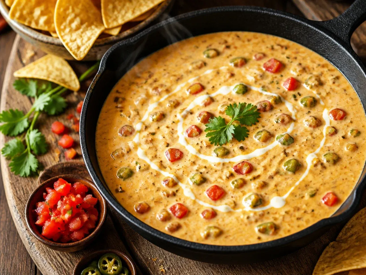 Small cubes of cheese melting quickly in a saucepan with tomatoes and chillies