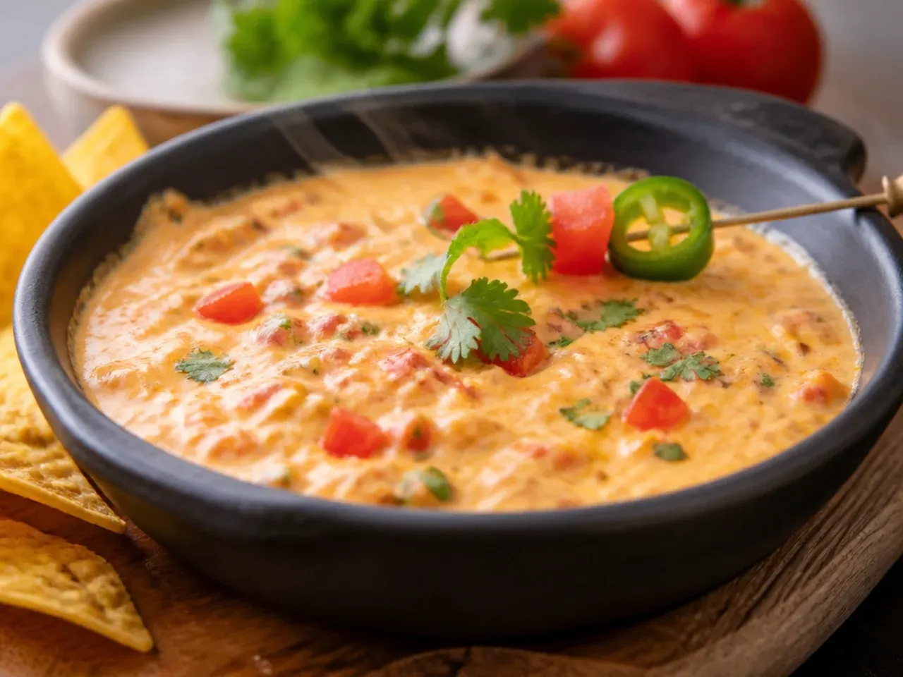 Fresh diced tomatoes and green chillies simmering in a small pan as a homemade Rotel substitute