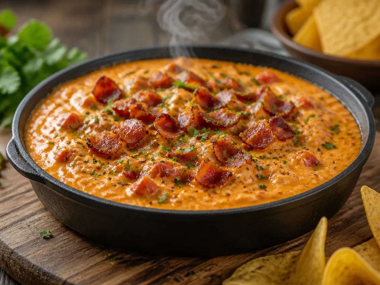 Crispy crumbled bacon scattered over a bowl of rotel cheese dip