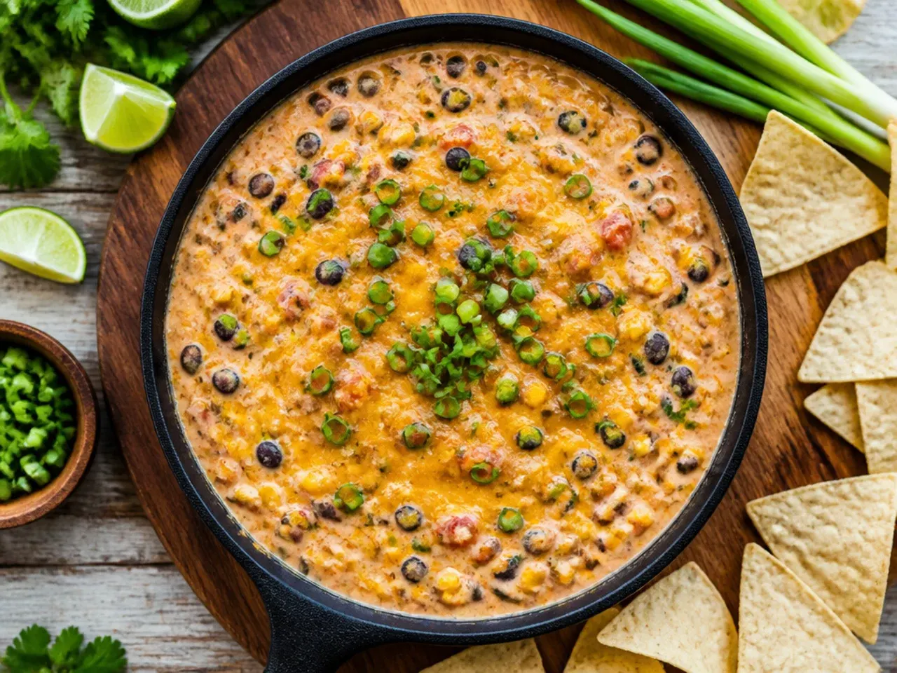 Rotel cheese dip mixed with black beans and sweetcorn in a rustic bowl