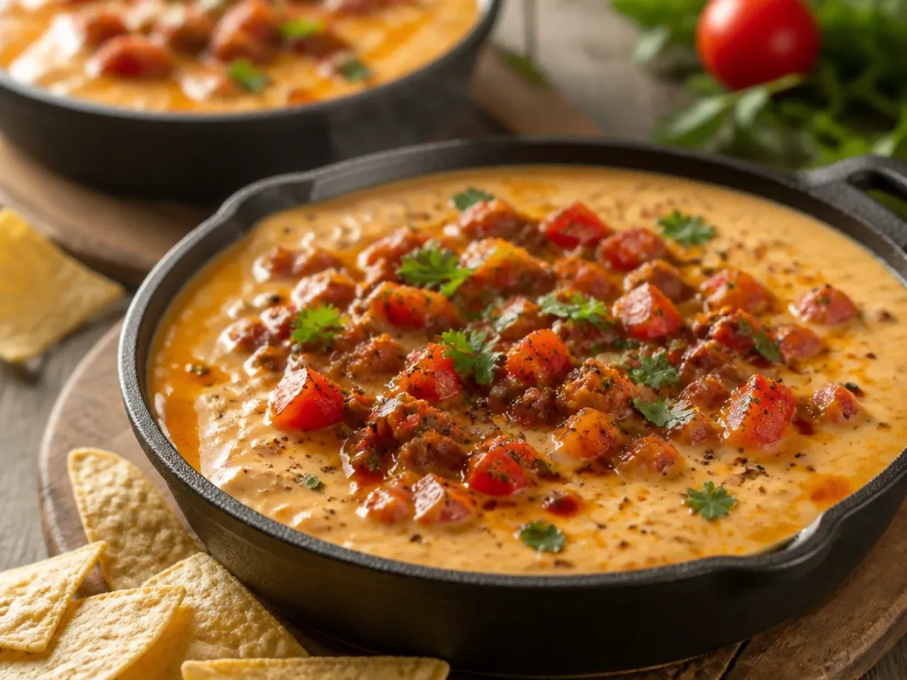 Diced chorizo frying in a pan before being stirred into rotel cheese dip