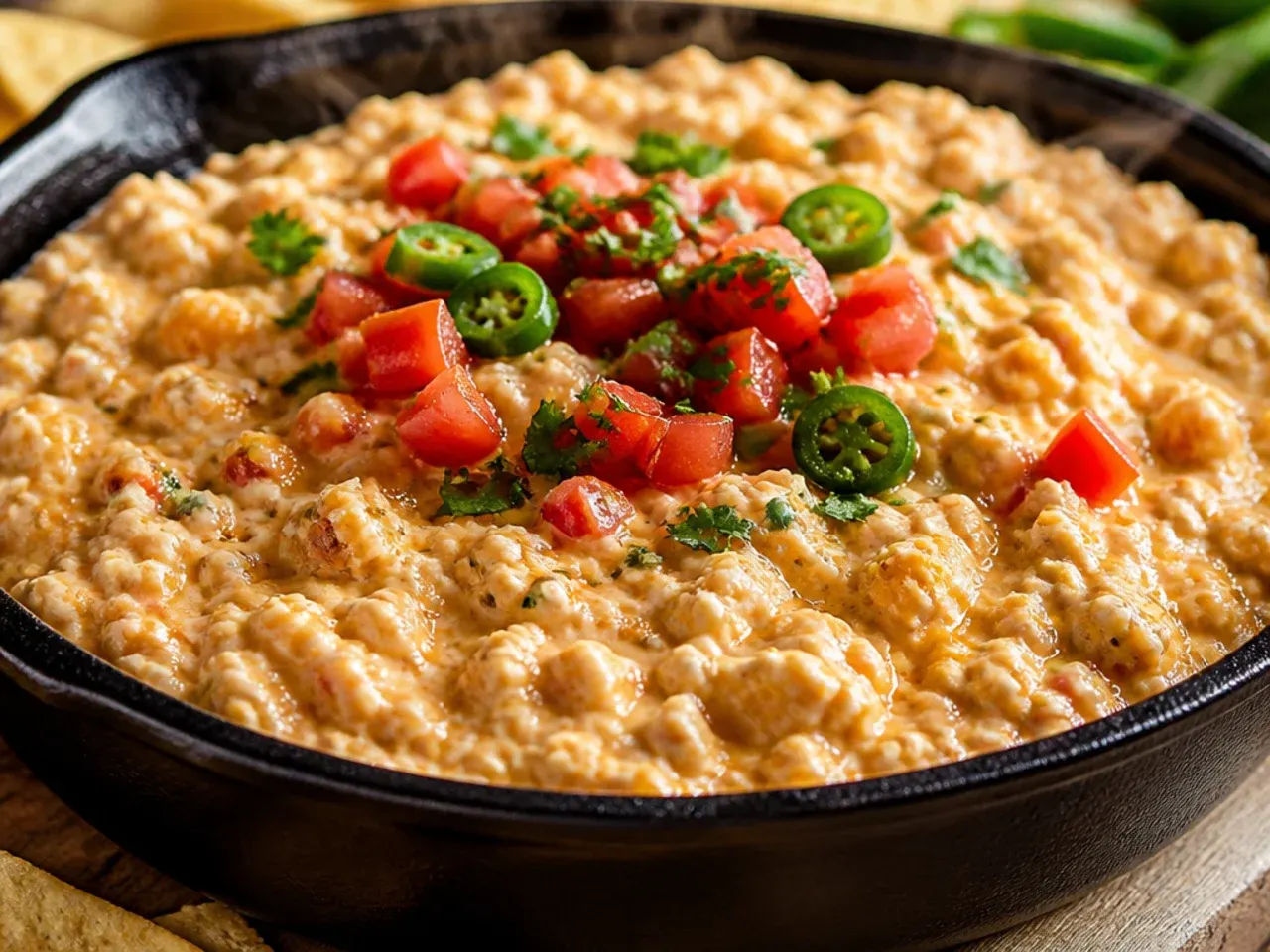A blender jug of smooth cottage cheese being poured into a pan with tomatoes