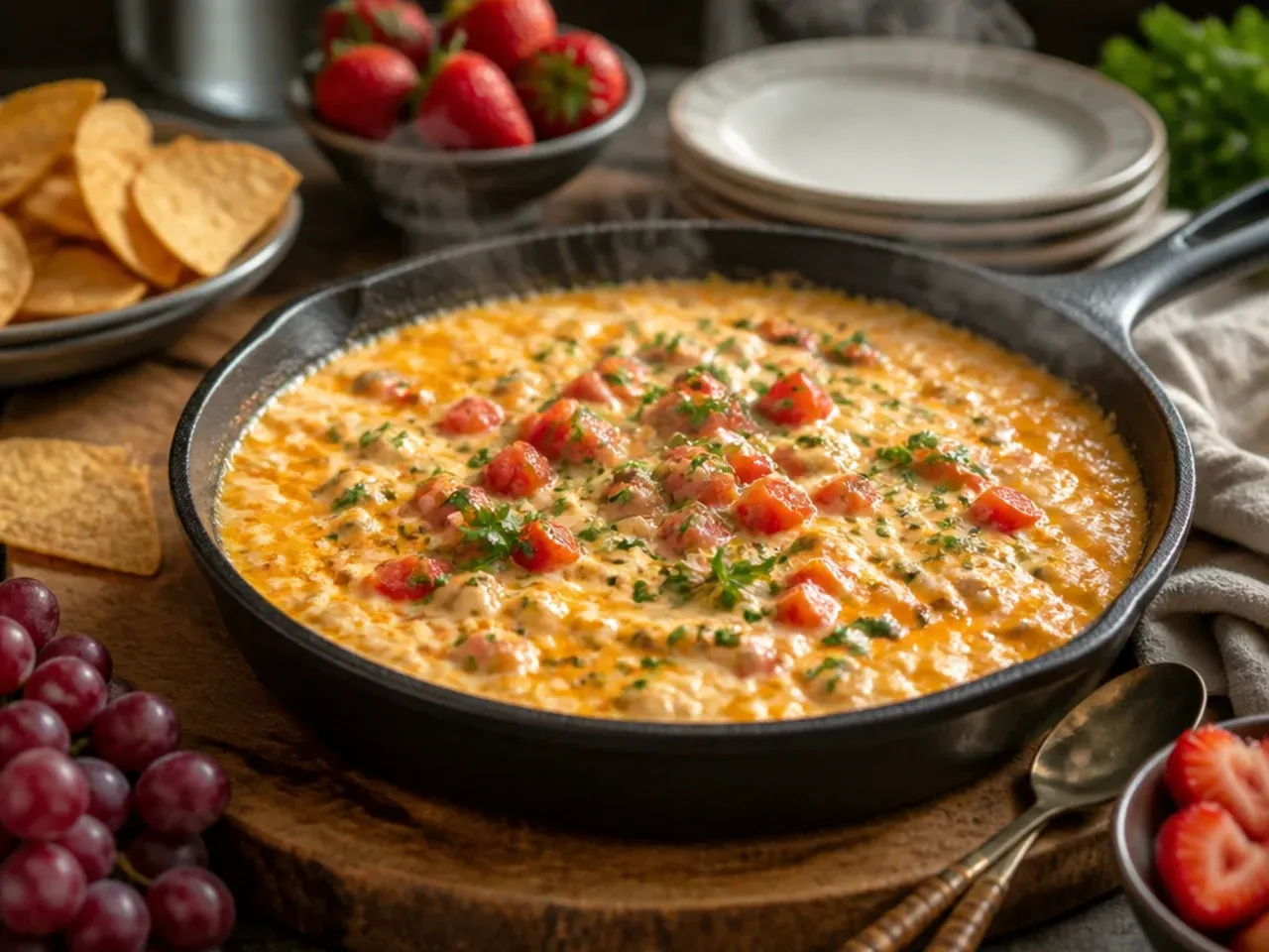 A dollop of Greek yoghurt being stirred into a finished bowl of rotel cheese dip