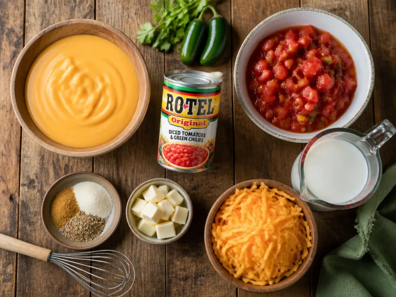 Close-up of a hand stirring cubed cheese into melted rotel dip with a wooden spoon