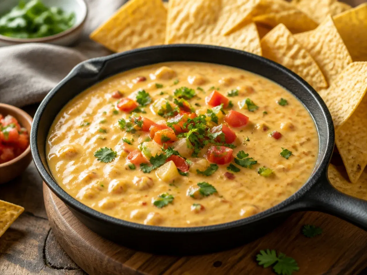 Tortilla chips and vegetable sticks arranged around a warm bowl of rotel cheese dip