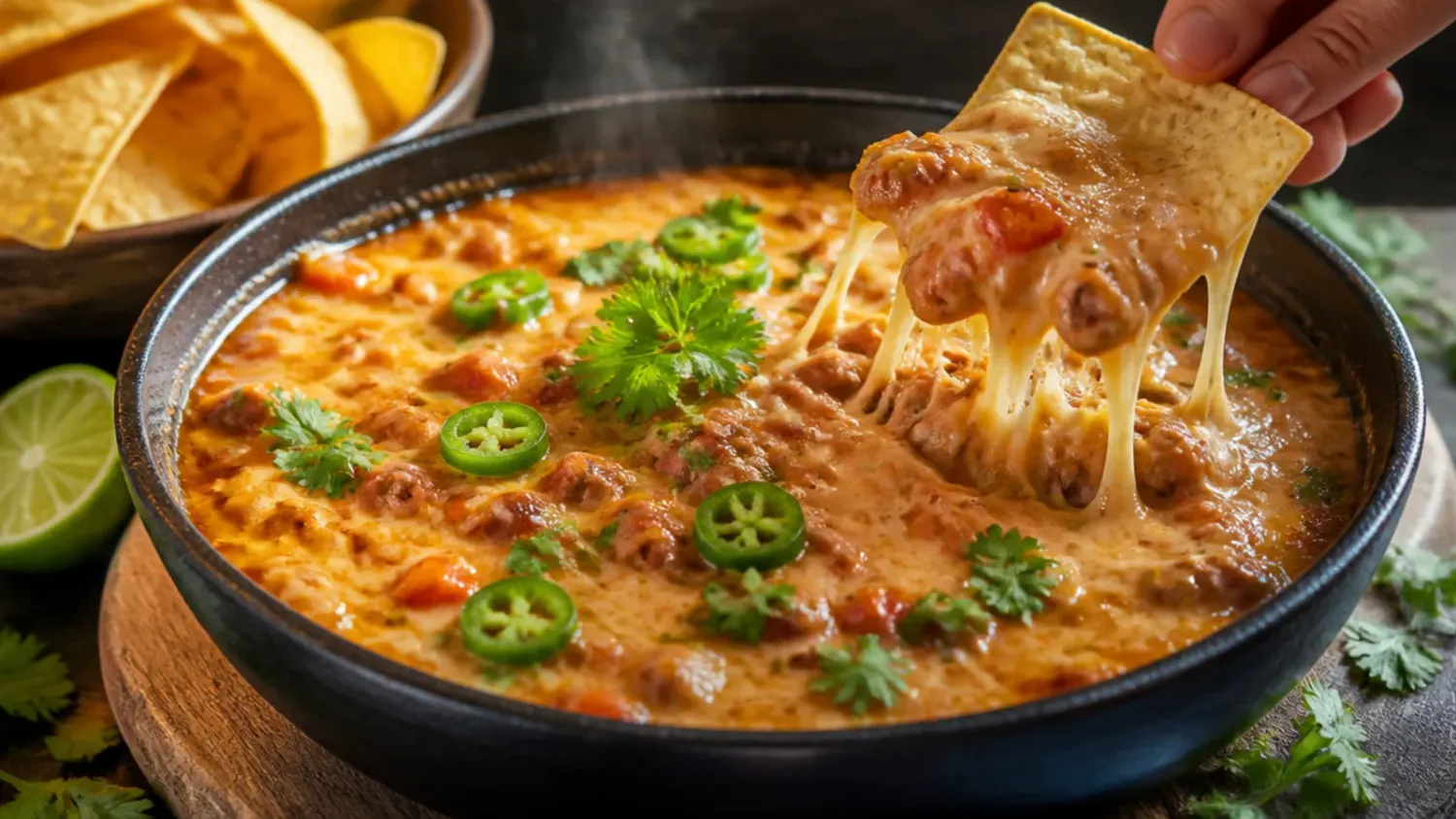 A bowl of warm, melted rotel dip with visible tomatoes and green chillies, surrounded by tortilla chips for dipping