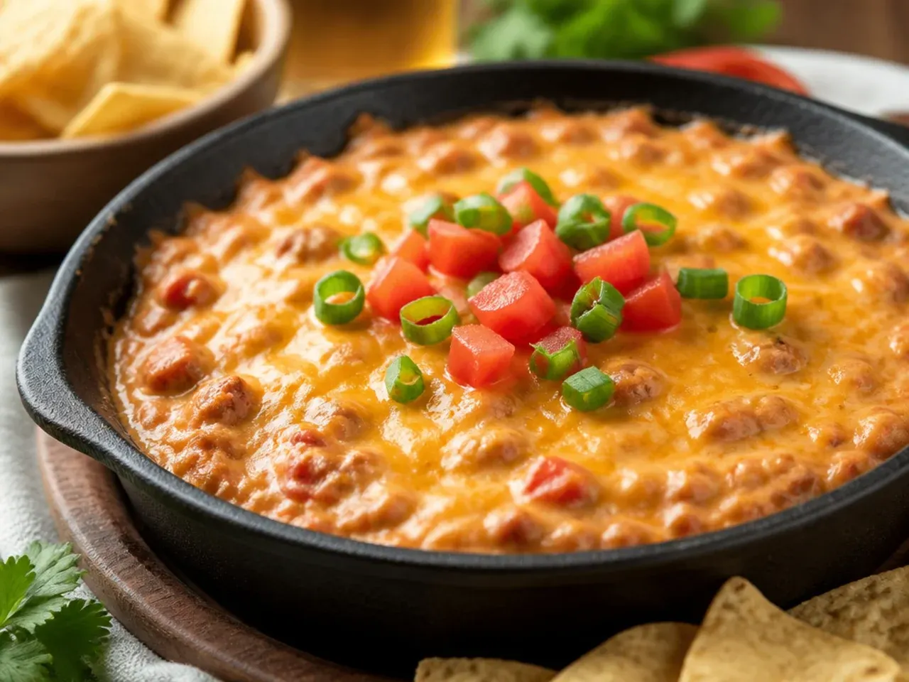 Overhead shot of a bubbling rotel dip in a cast iron skillet with a spoon resting in it