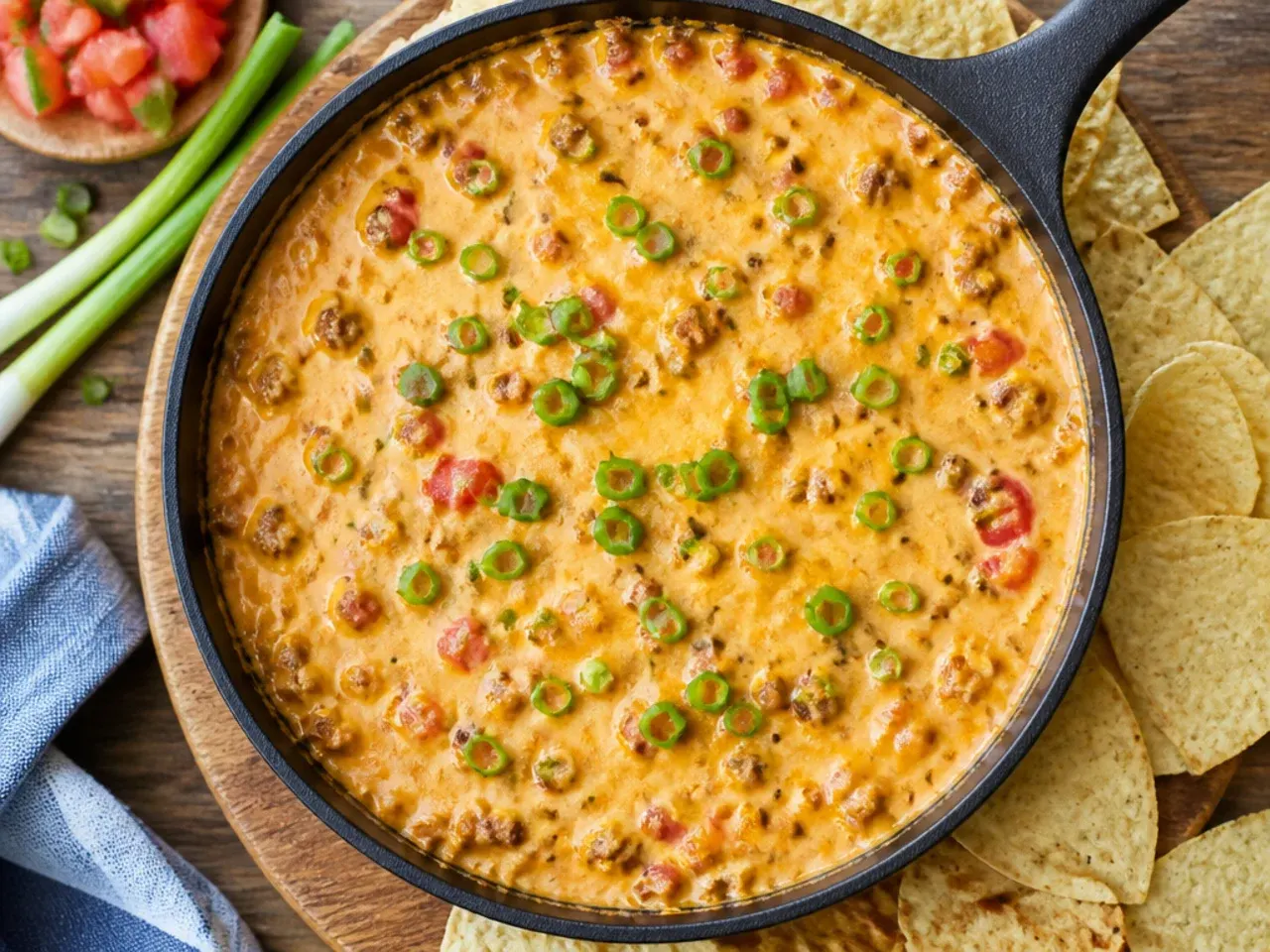 Classic beef and Velveeta rotel dip in a skillet, cheese fully melted and glossy