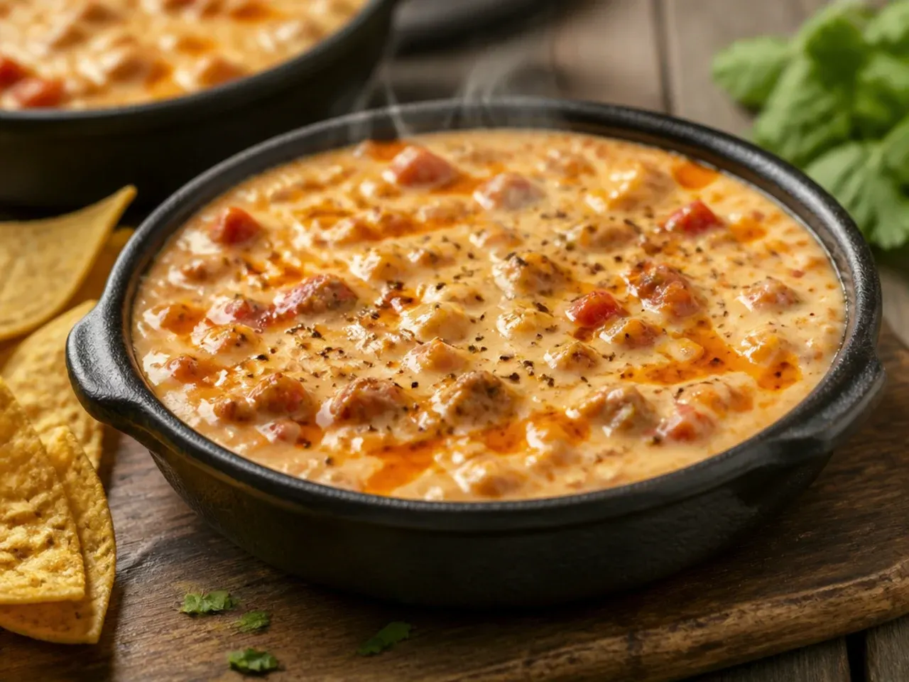 A microwave-safe bowl of melted rotel dip being stirred with a spoon