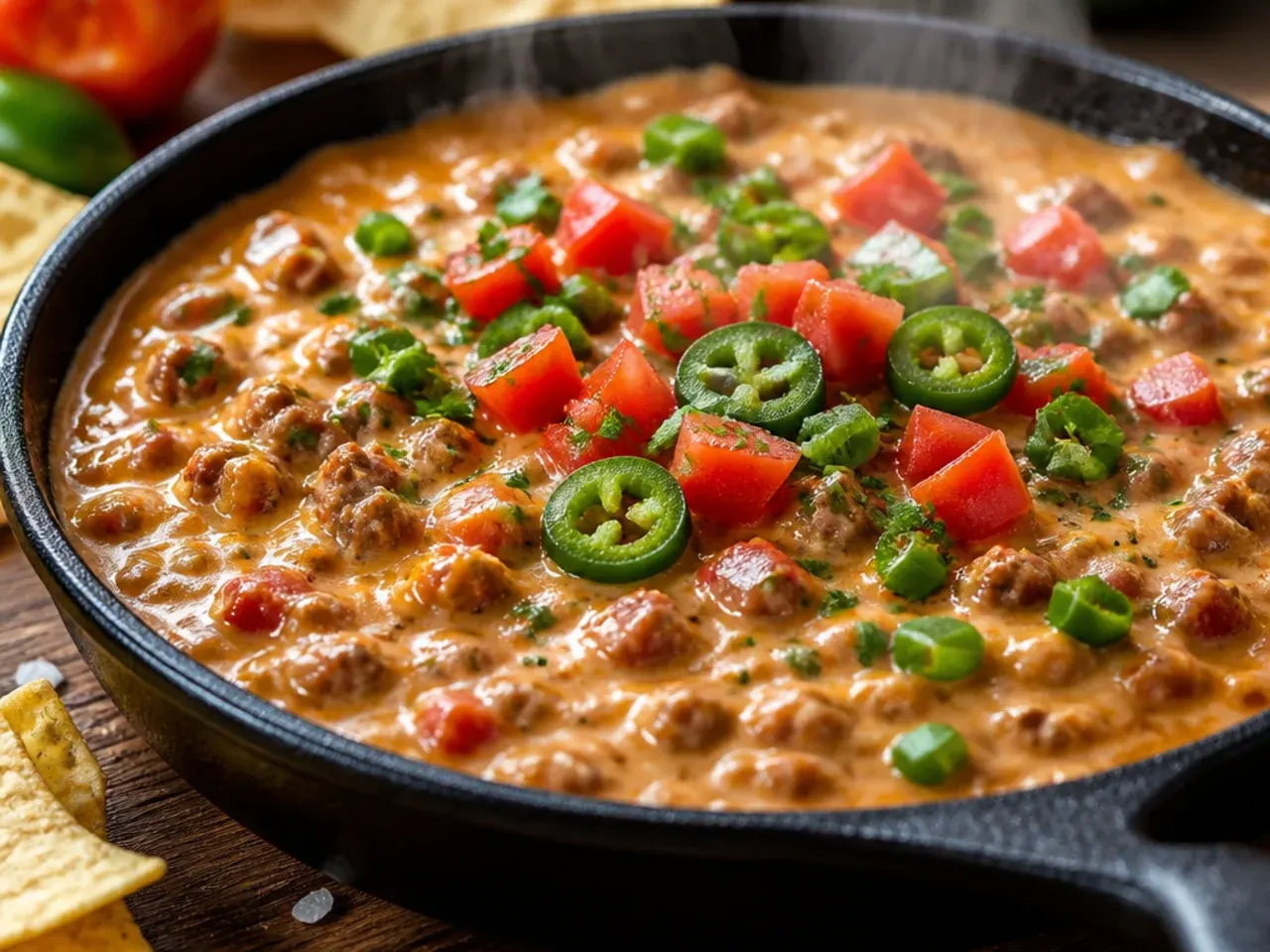 Sausage rotel dip simmering in a pan with visible sausage crumbles