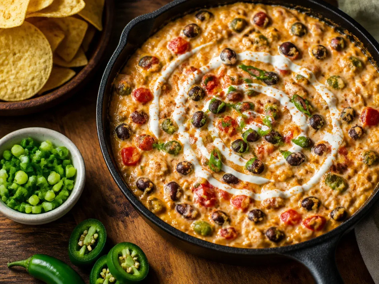 Loaded rotel dip with black beans and diced red pepper visible on top