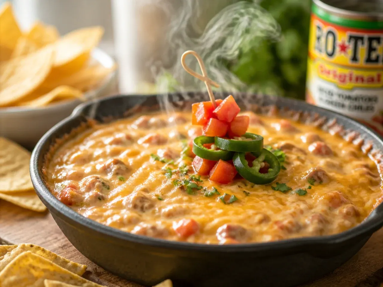Double cheese rotel dip with visible strands of melted cheddar through the Velveeta base