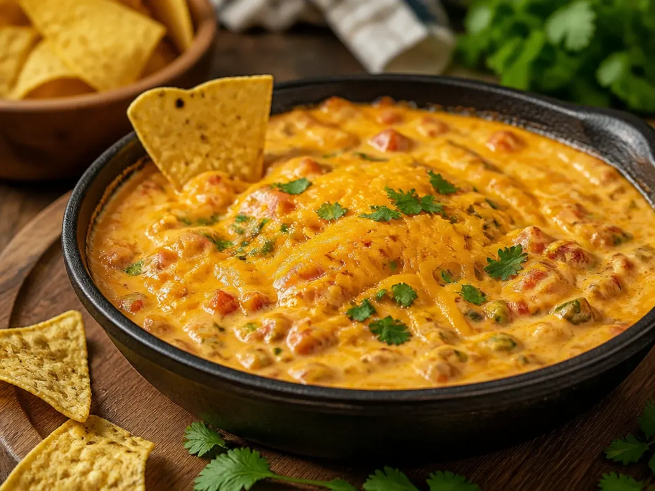 Sharp cheddar rotel dip in a bowl with a slightly deeper golden colour