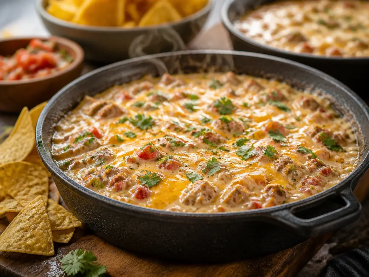 A large party-size bowl of rotel dip surrounded by tortilla chips for a crowd