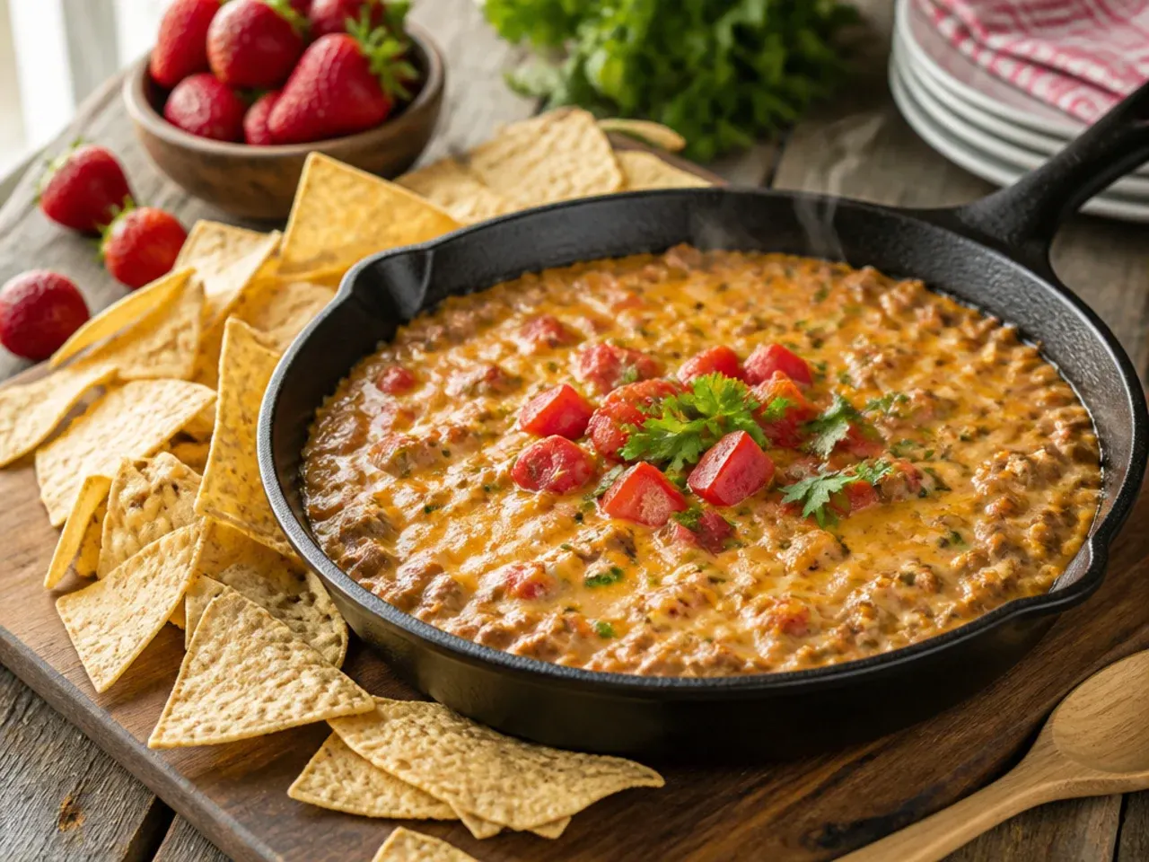 Family-friendly mild rotel dip served with plain tortilla chips and breadsticks