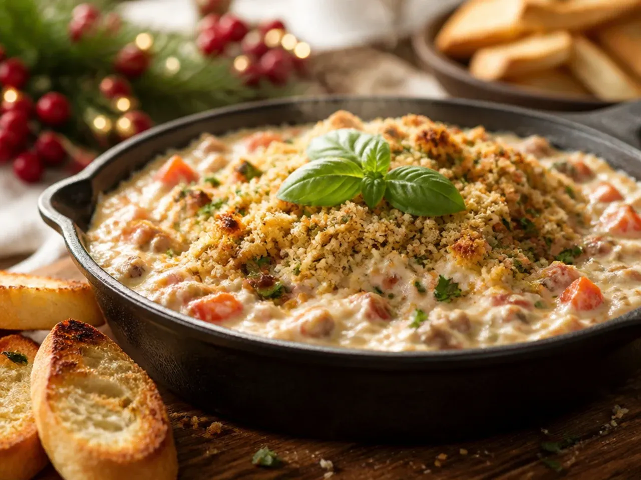 Festive rotel dip garnished with parsley and pomegranate seeds for Christmas