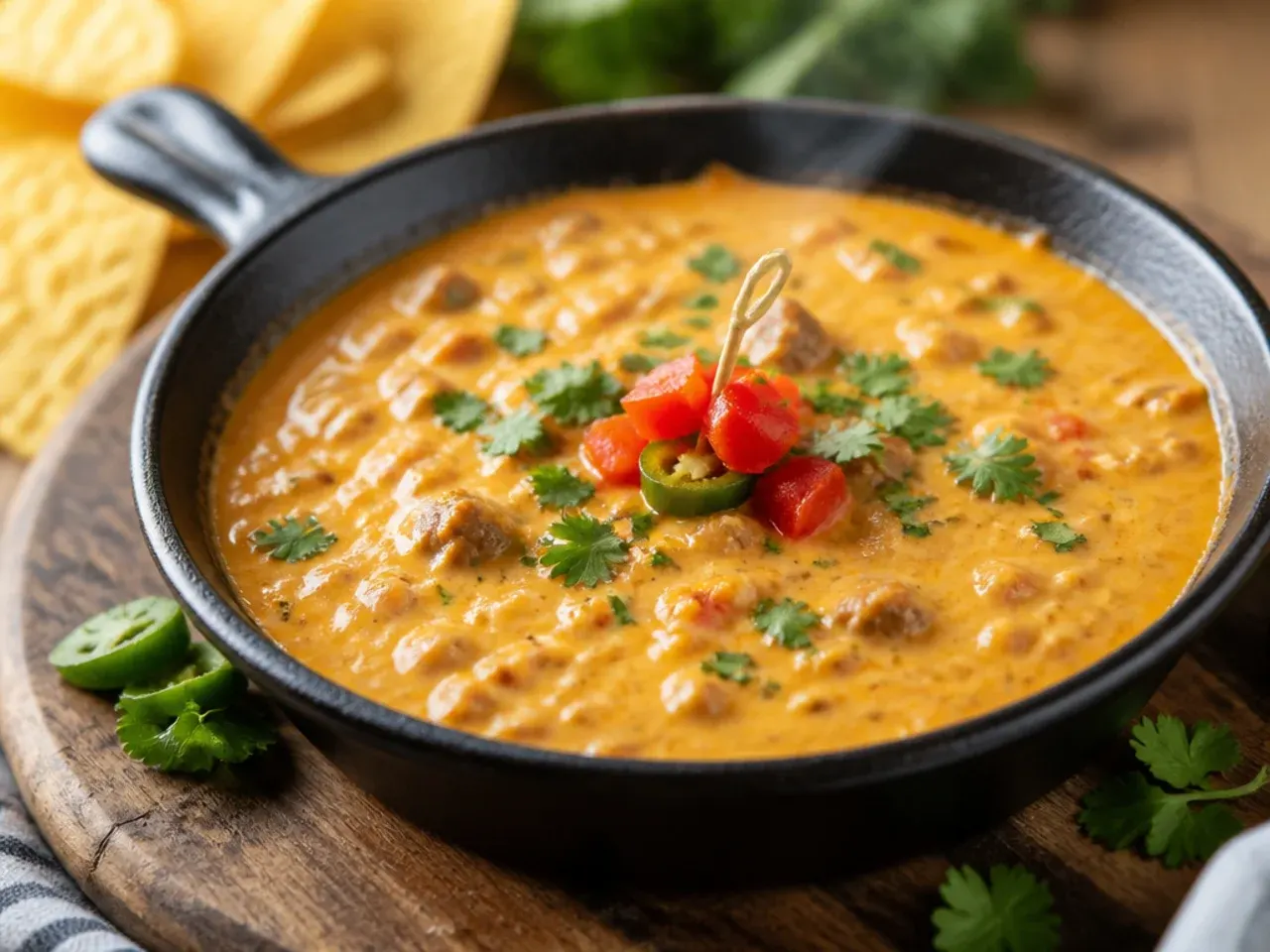Homemade tomato and chilli base simmering in a pan for from-scratch rotel dip
