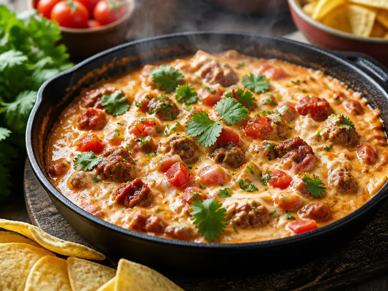 Chorizo rotel dip with visible red-orange oil and diced chorizo pieces
