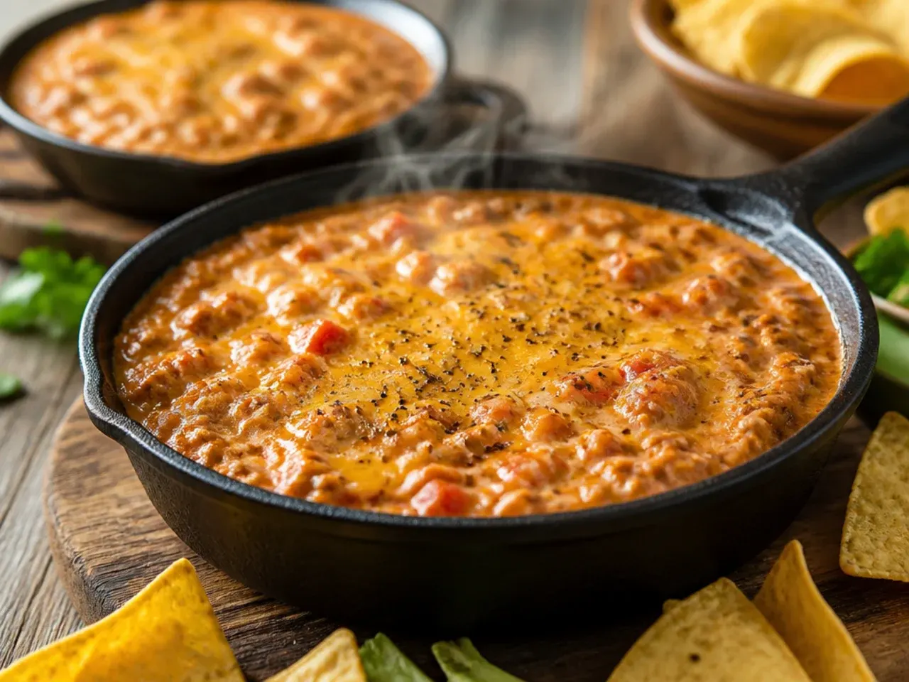 A slow cooker of rotel dip set up for a cosy evening, steam rising gently