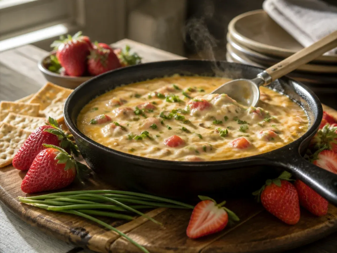Mascarpone rotel dip garnished with fresh snipped chives