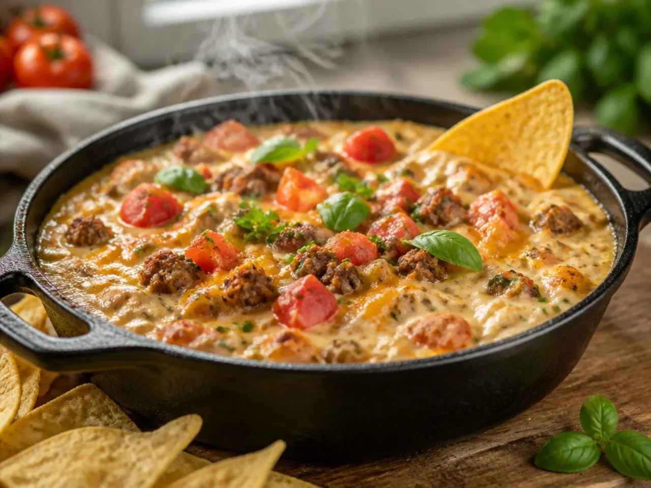 Rotel dip poured over tortilla chips and loaded with jalapenos and tomato, nacho-style