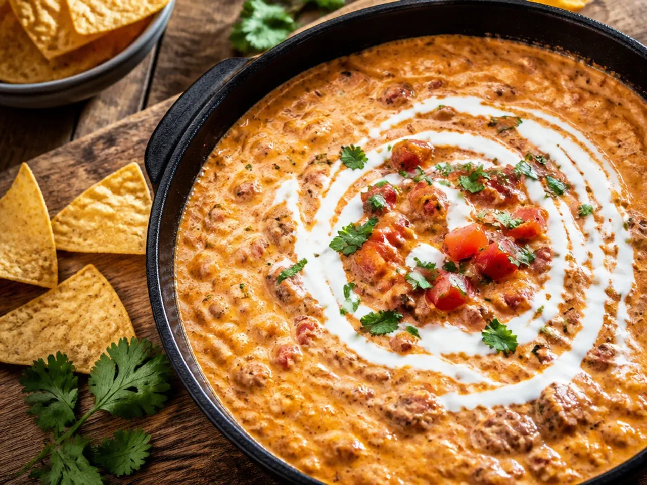 Smoky chipotle rotel dip with a deep reddish-brown colour and coriander garnish