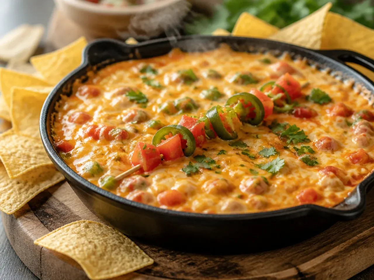 Triple cheese rotel dip showing a stretchy cheese pull as a chip is lifted