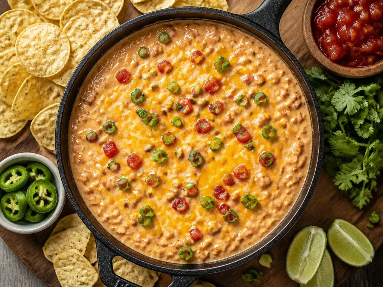 A buffet spread with rotel dip in the centre surrounded by small bowls of toppings