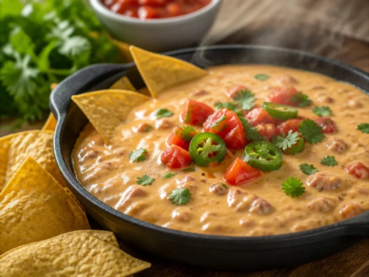 A spread of tortilla chips, tortilla wedges and celery sticks around a bowl of rotel dip