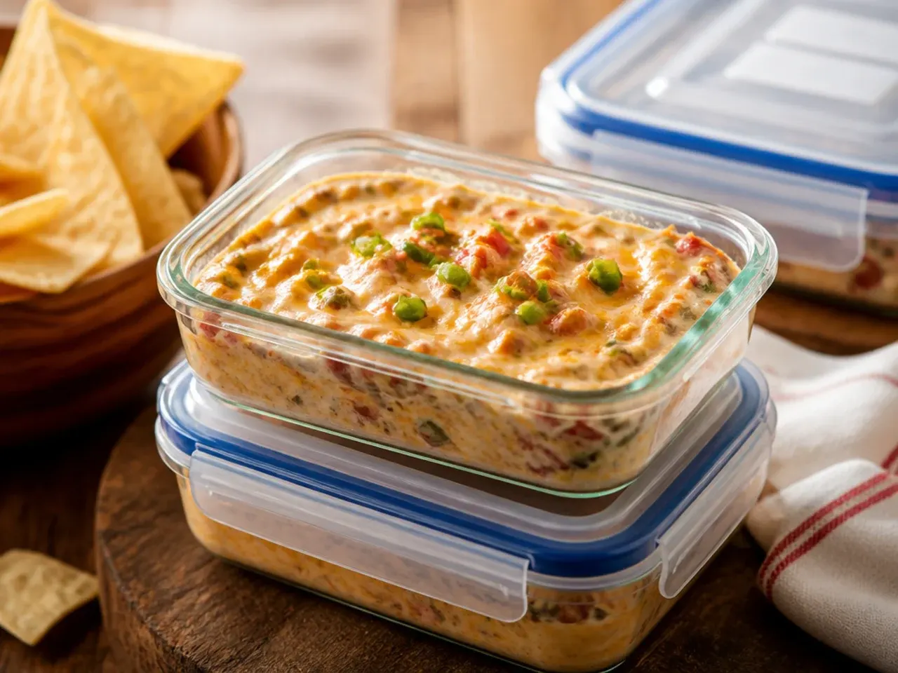 Rotel dip stored in an airtight container in the fridge, ready to reheat