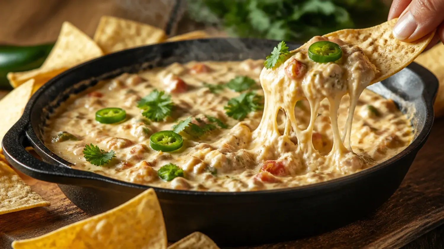 A bowl of creamy rotel dip with cream cheese, melted orange cheese and diced tomatoes, served with tortilla chips