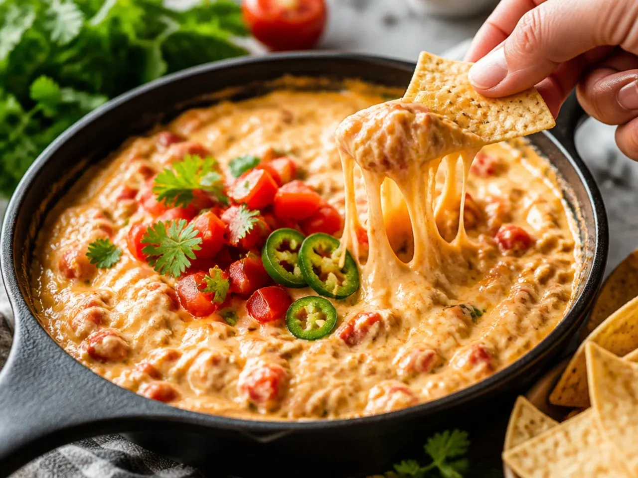 Overhead shot of rotel dip with cream cheese in a white bowl surrounded by tortilla chips