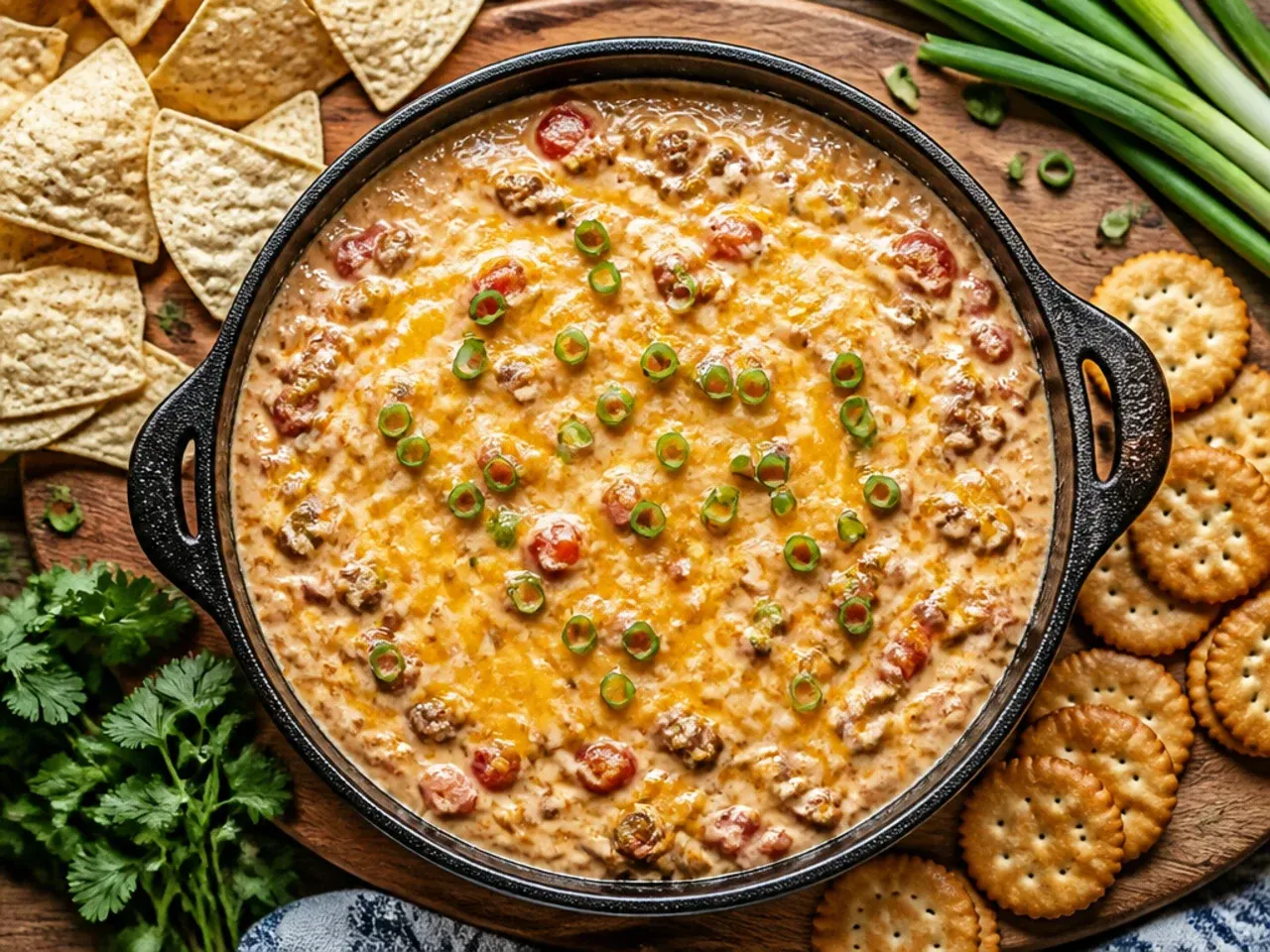 Classic sausage rotel dip with cream cheese in a skillet, freshly melted and steaming