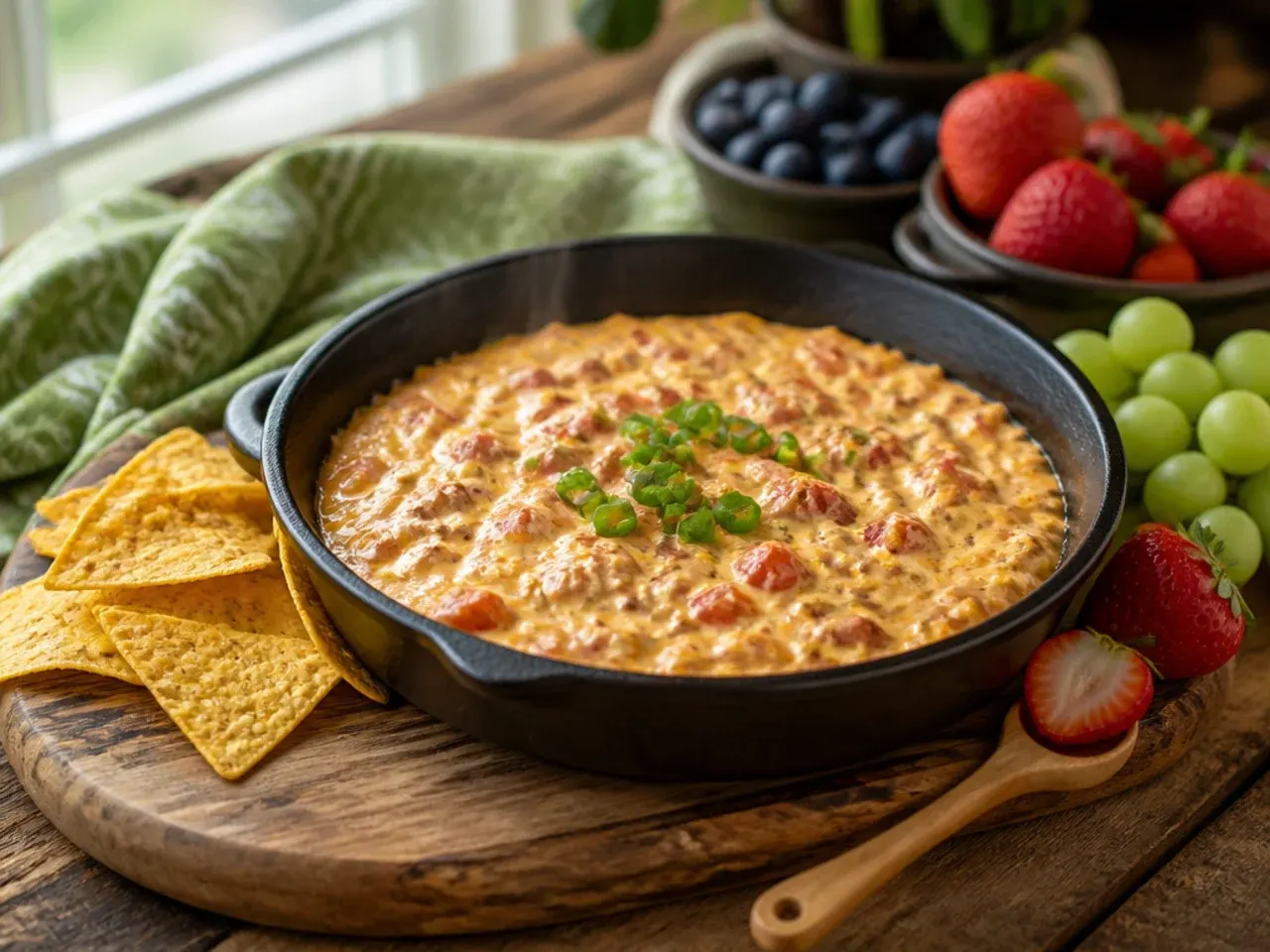 Saucepan of simple stovetop rotel dip with cream cheese being stirred with a wooden spoon
