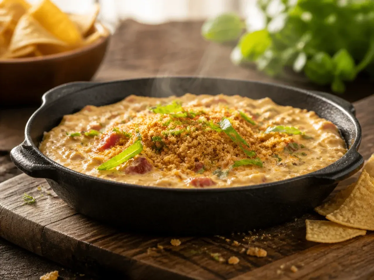 Close-up of extra creamy rotel dip with cream cheese being scooped with a tortilla chip