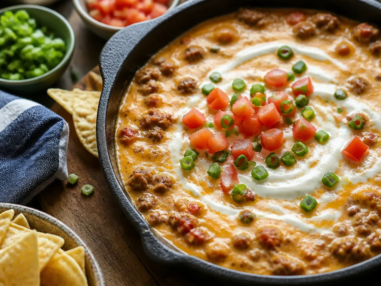 Loaded rotel dip with cream cheese topped with jalapenos, spring onions and crushed chips