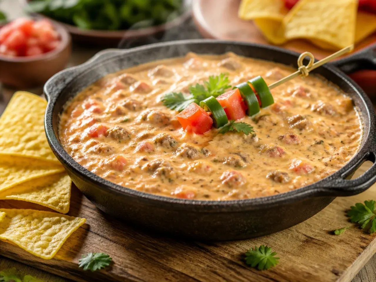 A generous serving of best-ever rotel dip with cream cheese in a rustic bowl