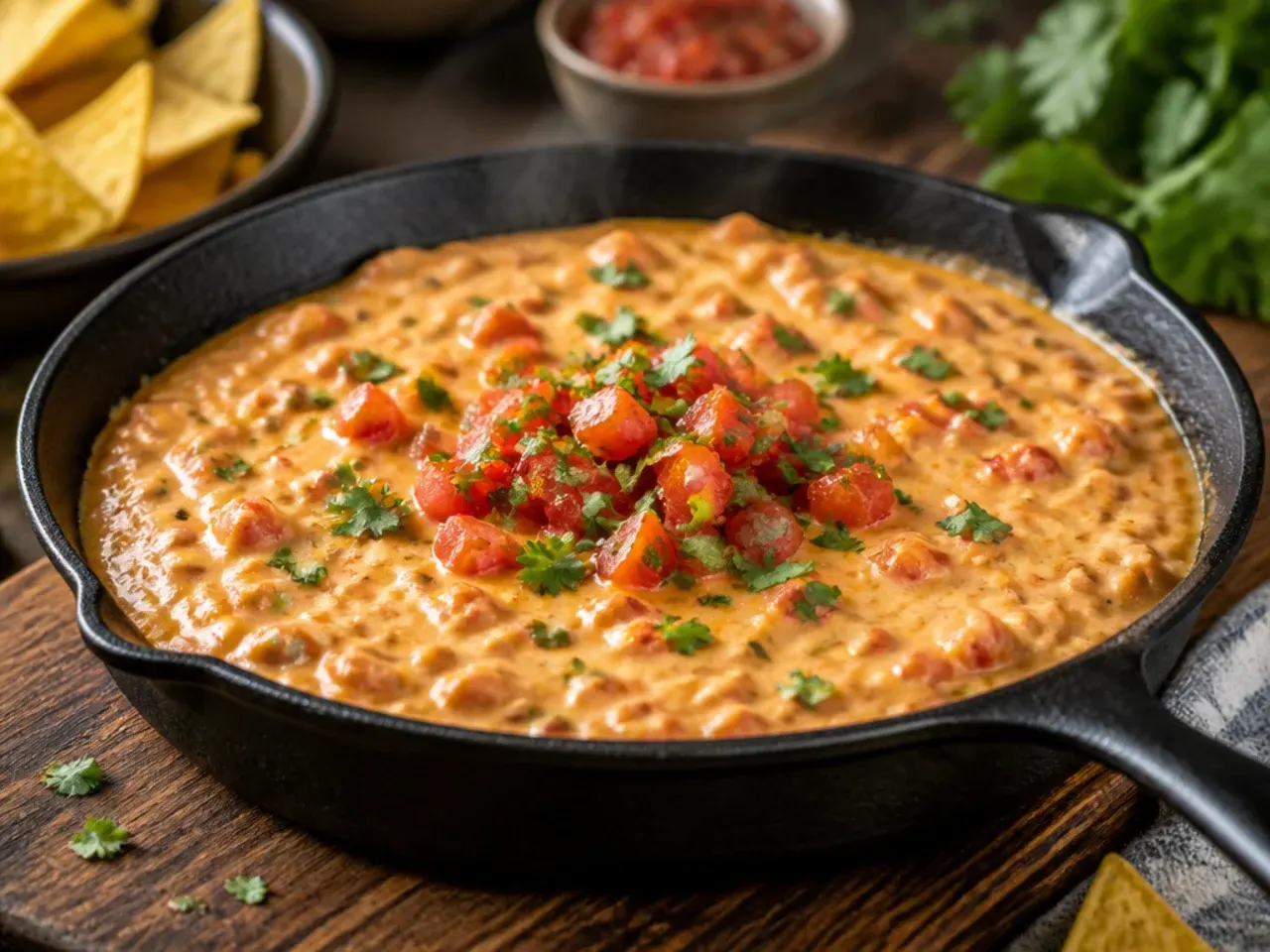 Extra cheesy rotel dip with cream cheese showing a stretchy cheese pull on a spoon