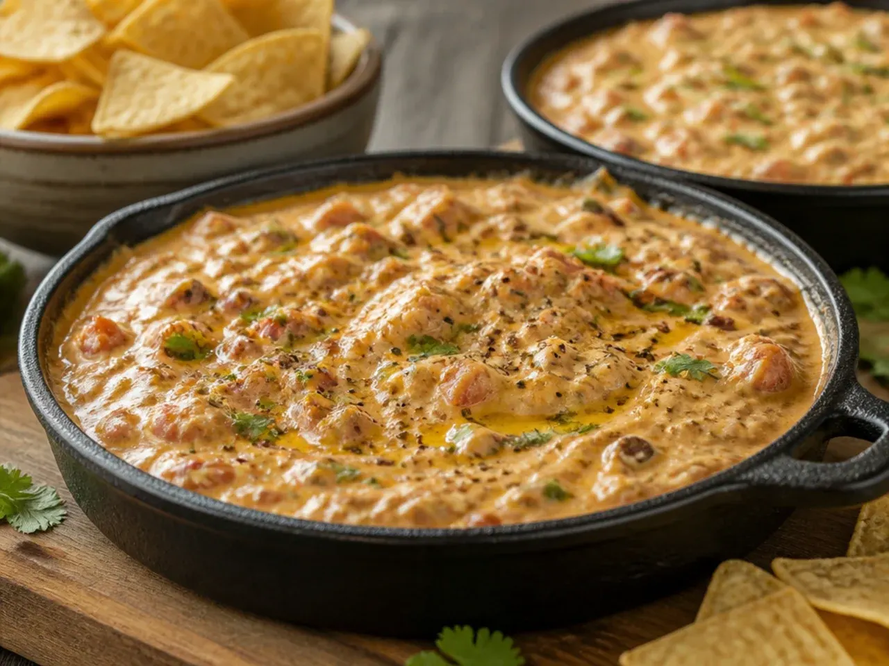 Large slow cooker of crowd-pleasing rotel dip with cream cheese set out at a party table