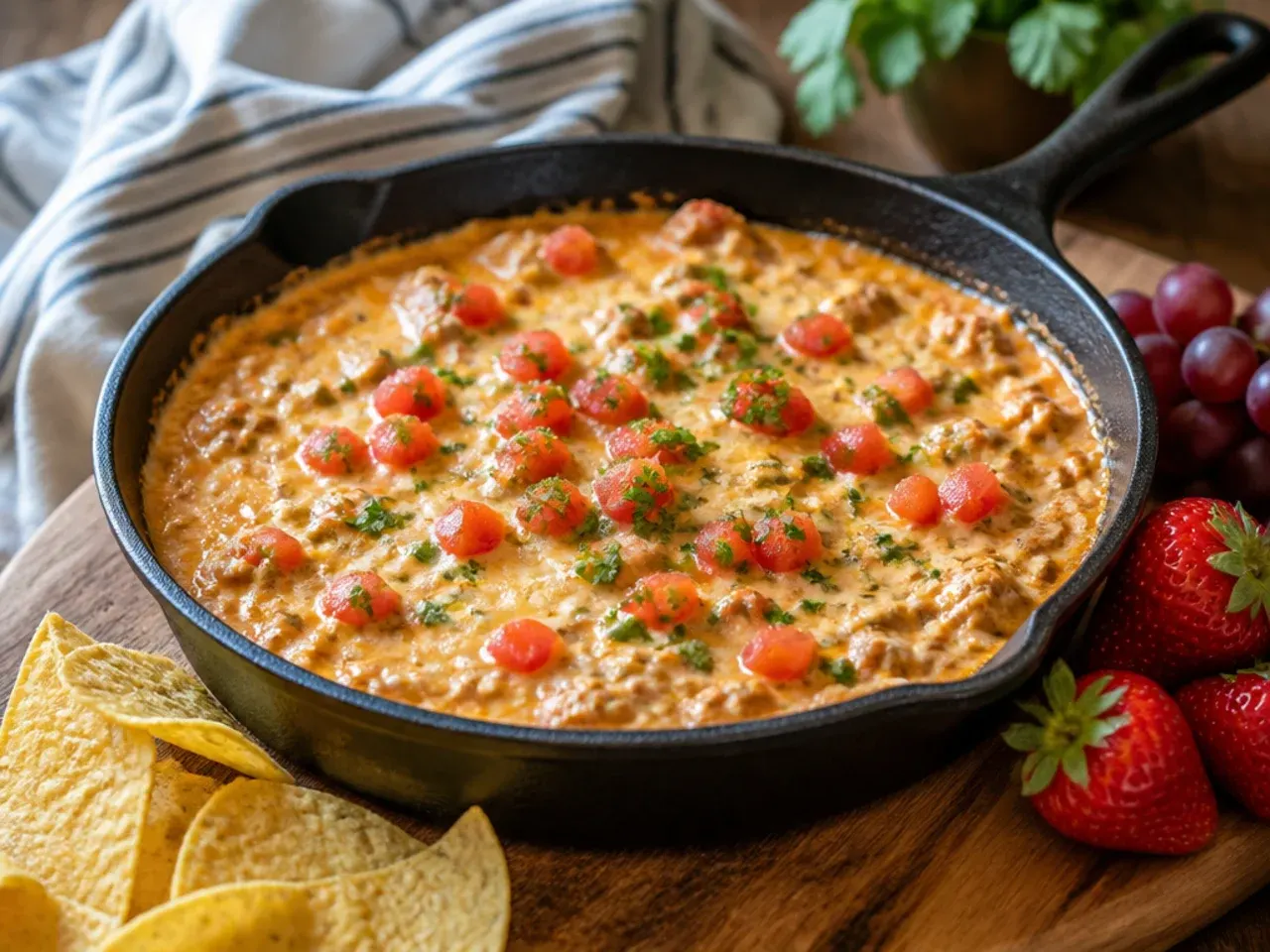 Family-friendly rotel dip with cream cheese served with plain tortilla chips and breadsticks