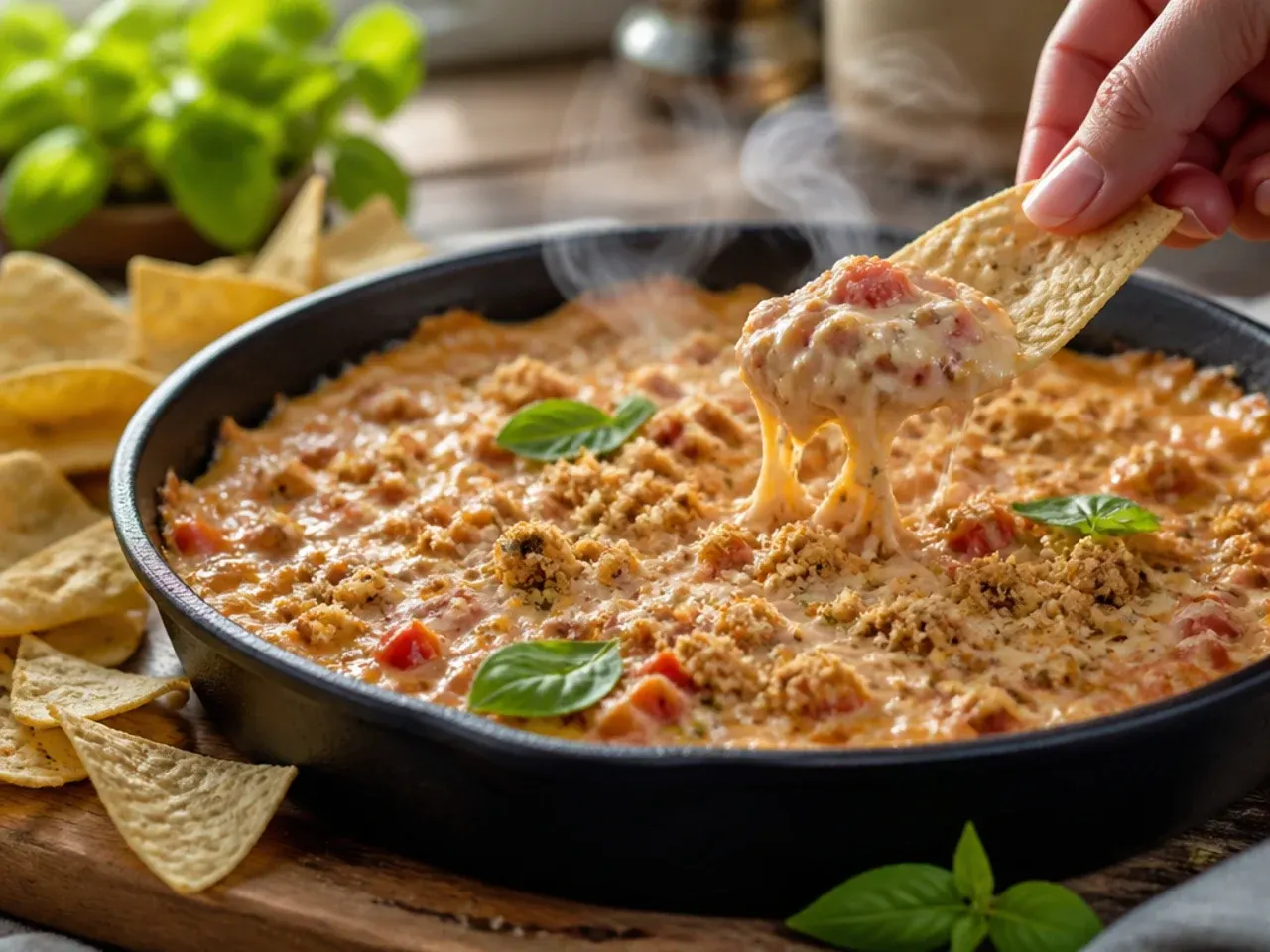 Festive rotel dip with cream cheese in a bread bowl garnished with red and green peppers
