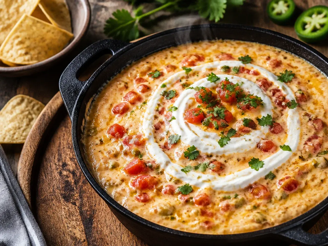 Bowl of quick microwave rotel dip with cream cheese being stirred with a spoon